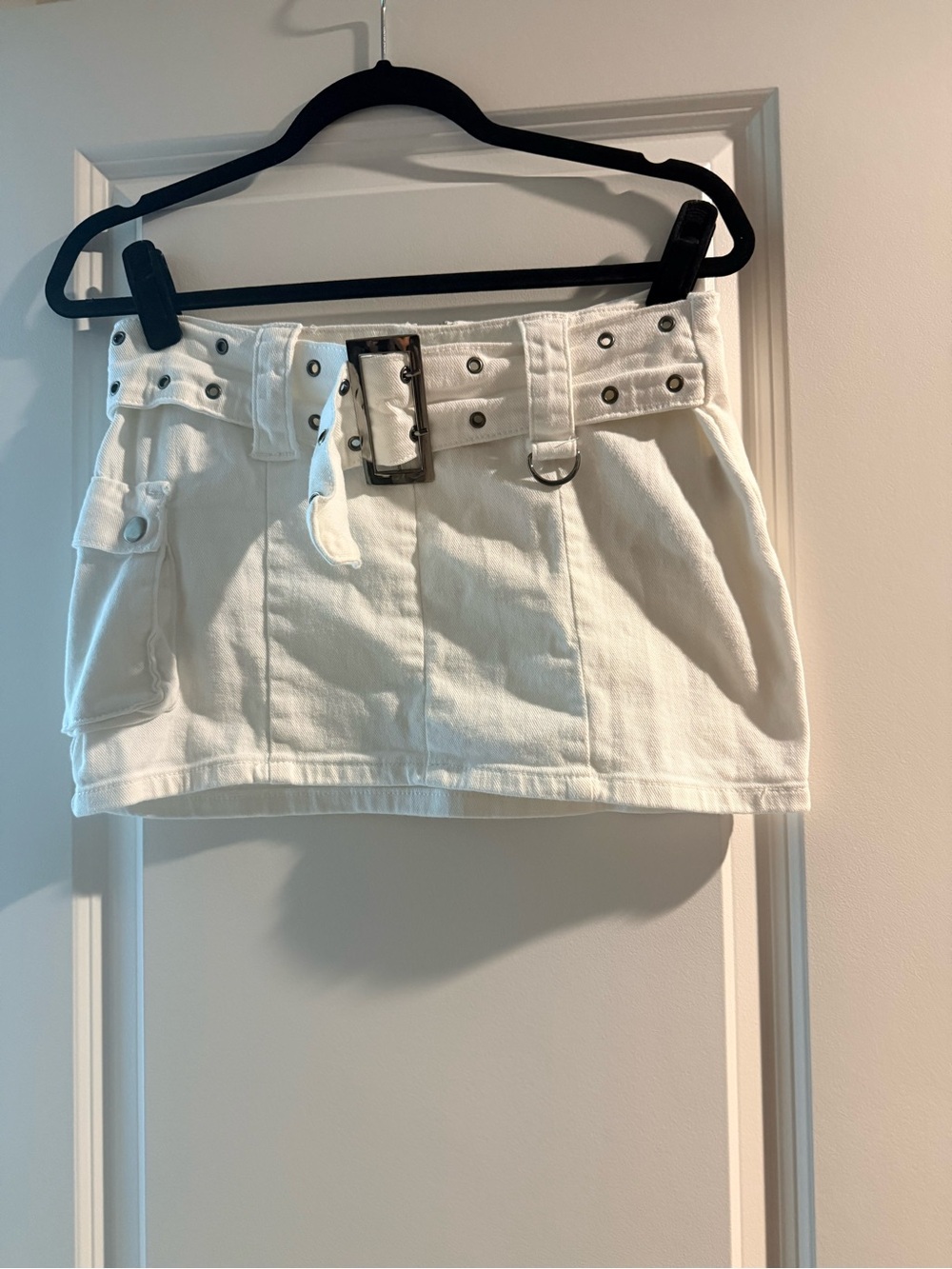 Edikted White Mini Skirt with Utility Pocket and Grommet Belt
